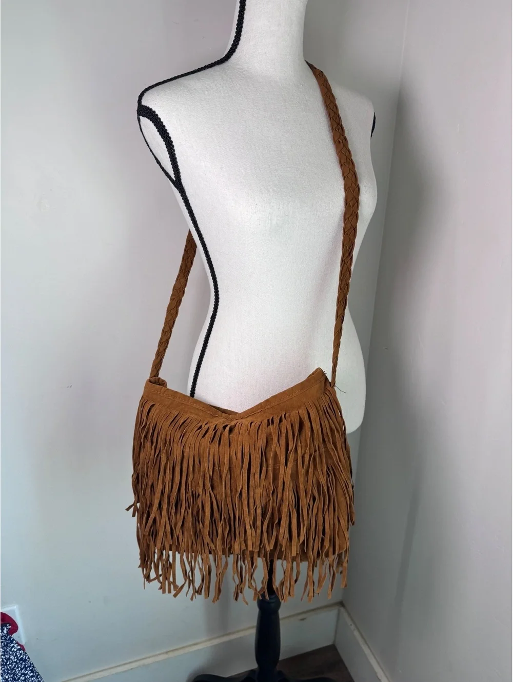 Brown Faux Suede Fringe Crossbody Bag Braided Strap Boho Western Festival